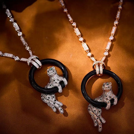 [Shinejoy jewelrys]NEW BLACK CIRCLE PANTHER FULL DIAMOND NECKLACE