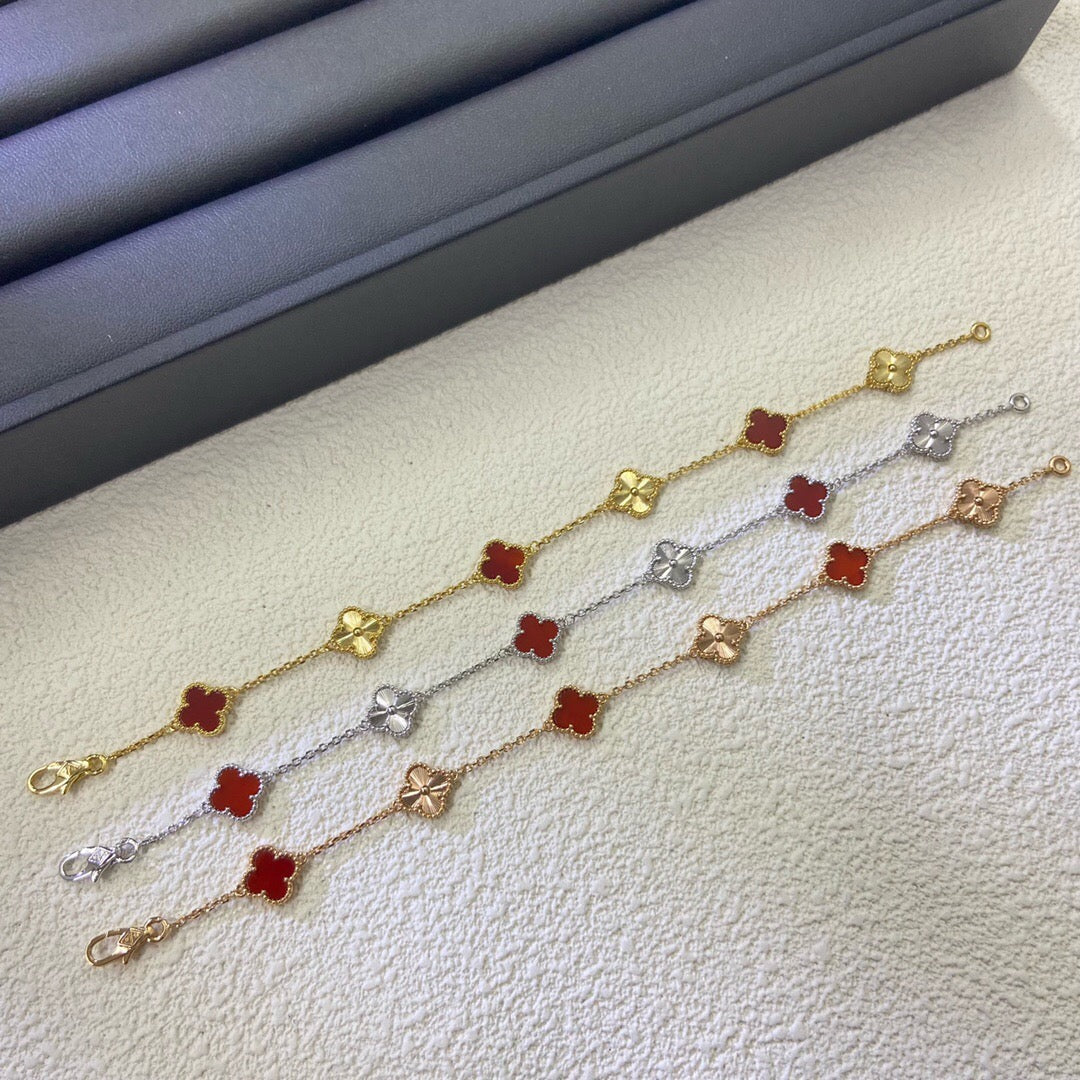 [Shinejoy]CLOVER 6 MOTIF RED AGATE LASER BRACELET-w