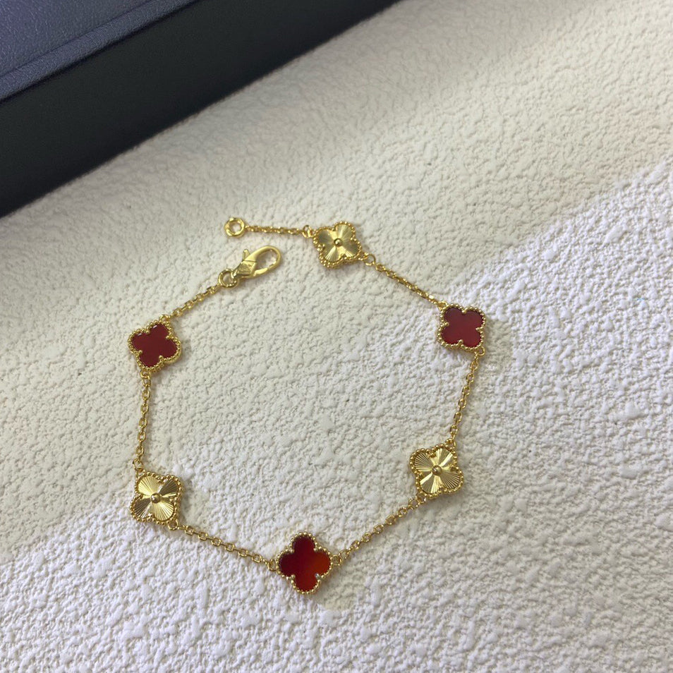 [Shinejoy]CLOVER 6 MOTIF RED AGATE LASER BRACELET-w