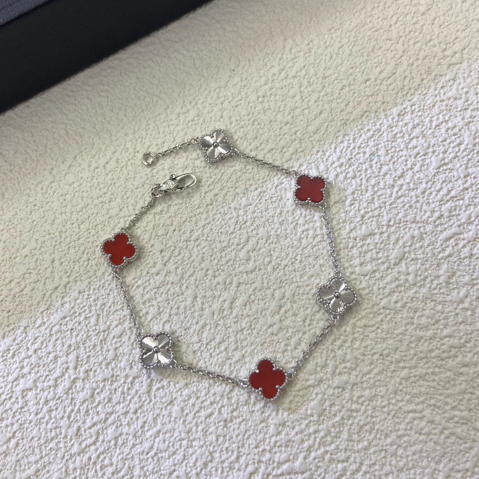 [Shinejoy]CLOVER 6 MOTIF RED AGATE LASER BRACELET-w