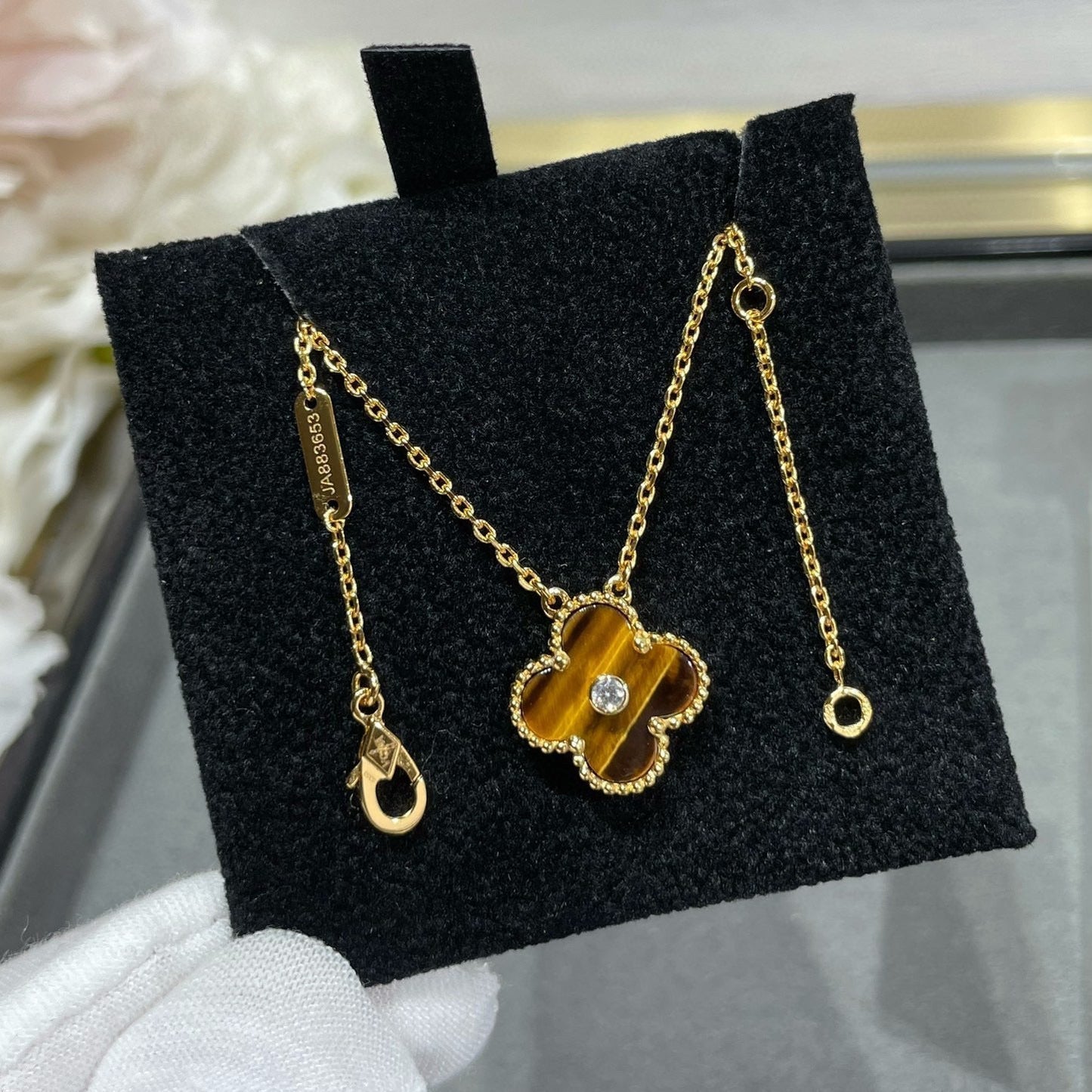 [Shinejoy]CLOVER 15MM DIAMOND AND YELLOW TIGER'S EYE AGATE necklace