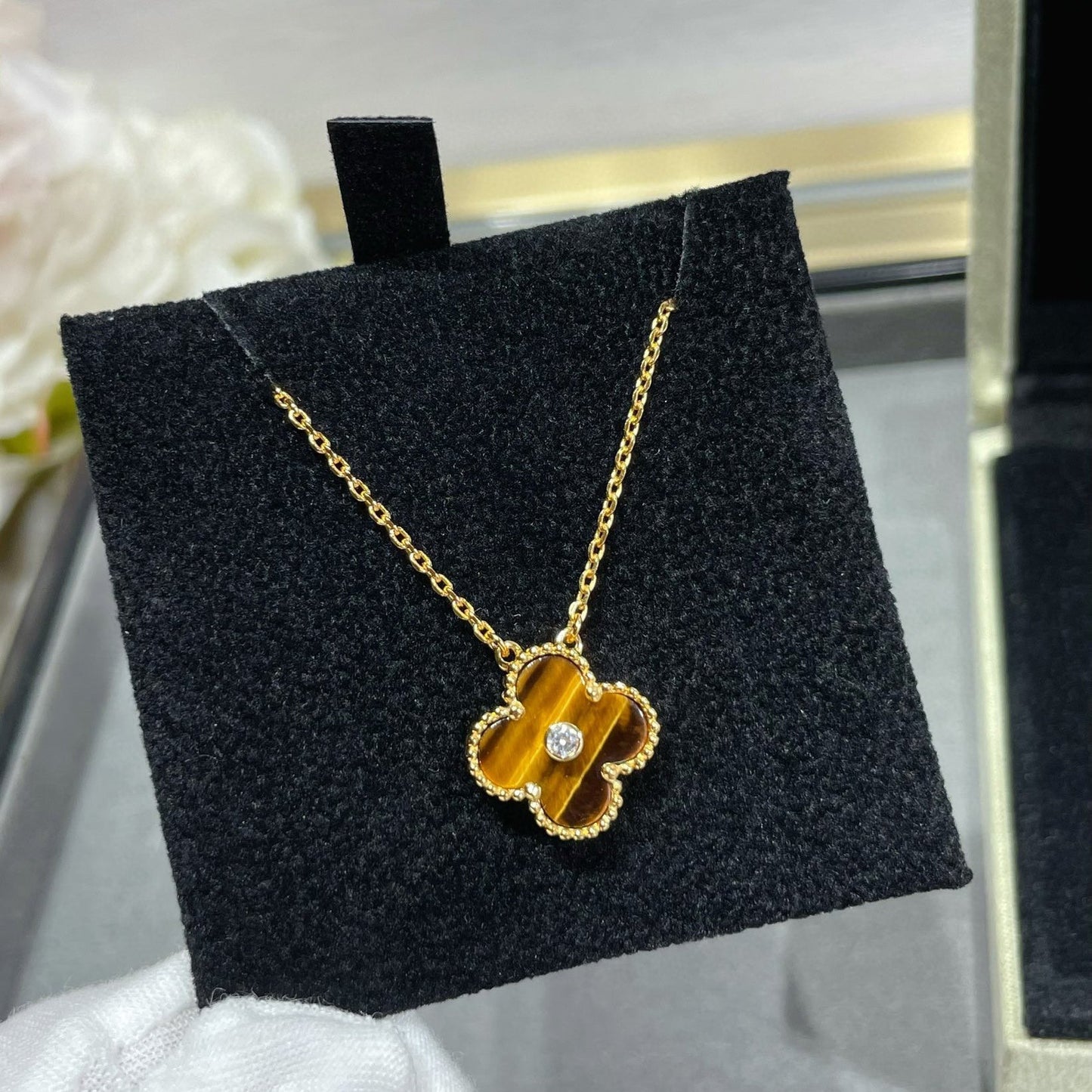 [Shinejoy]CLOVER 15MM DIAMOND AND YELLOW TIGER'S EYE AGATE necklace