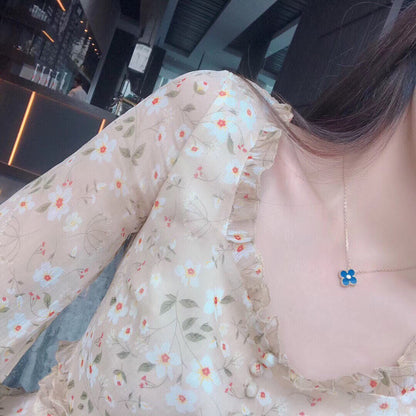 [Shinejoy]CLOVER 15MM DIAMOND AND BLUE AGATE NECKLACE