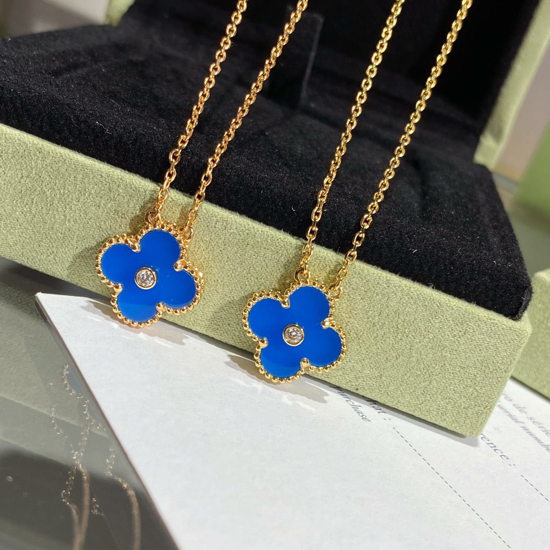 [Shinejoy]CLOVER 15MM DIAMOND AND BLUE AGATE NECKLACE