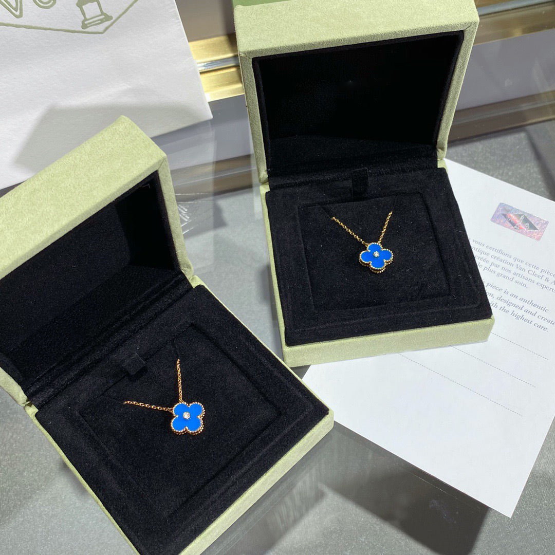 [Shinejoy]CLOVER 15MM DIAMOND AND BLUE AGATE NECKLACE