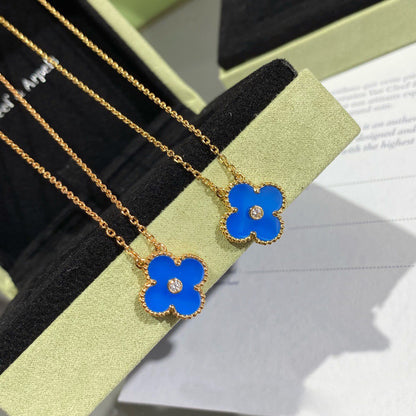 [Shinejoy]CLOVER 15MM DIAMOND AND BLUE AGATE NECKLACE