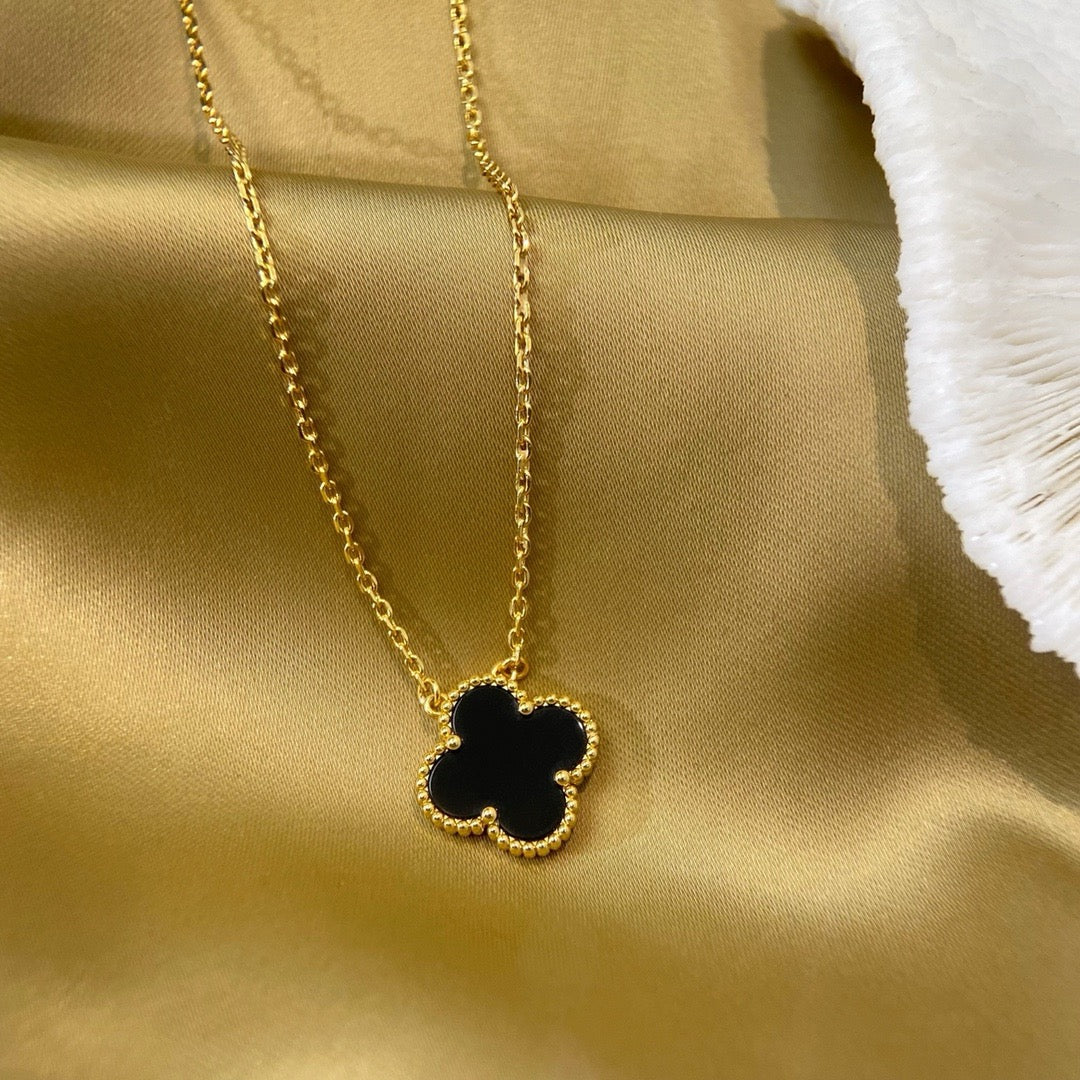 [Shinejoy]CLOVER 15MM BLACK ONYX SINGLE FLOWER NECKLACE