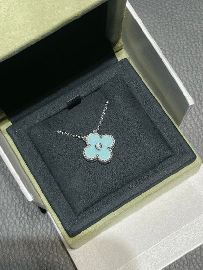 [Shinejoy]CLOVER 1 DIAMOND LIGHT BLUE SILVER NECKLACE