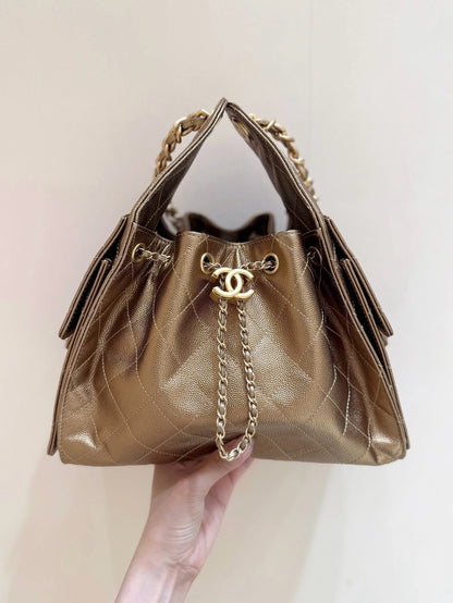 SAC À MAIN CHANEL 25 MOYEN EN CUIR DE VEAU MARRON DORÉ AVEC ACCASTILLAGE DORÉ