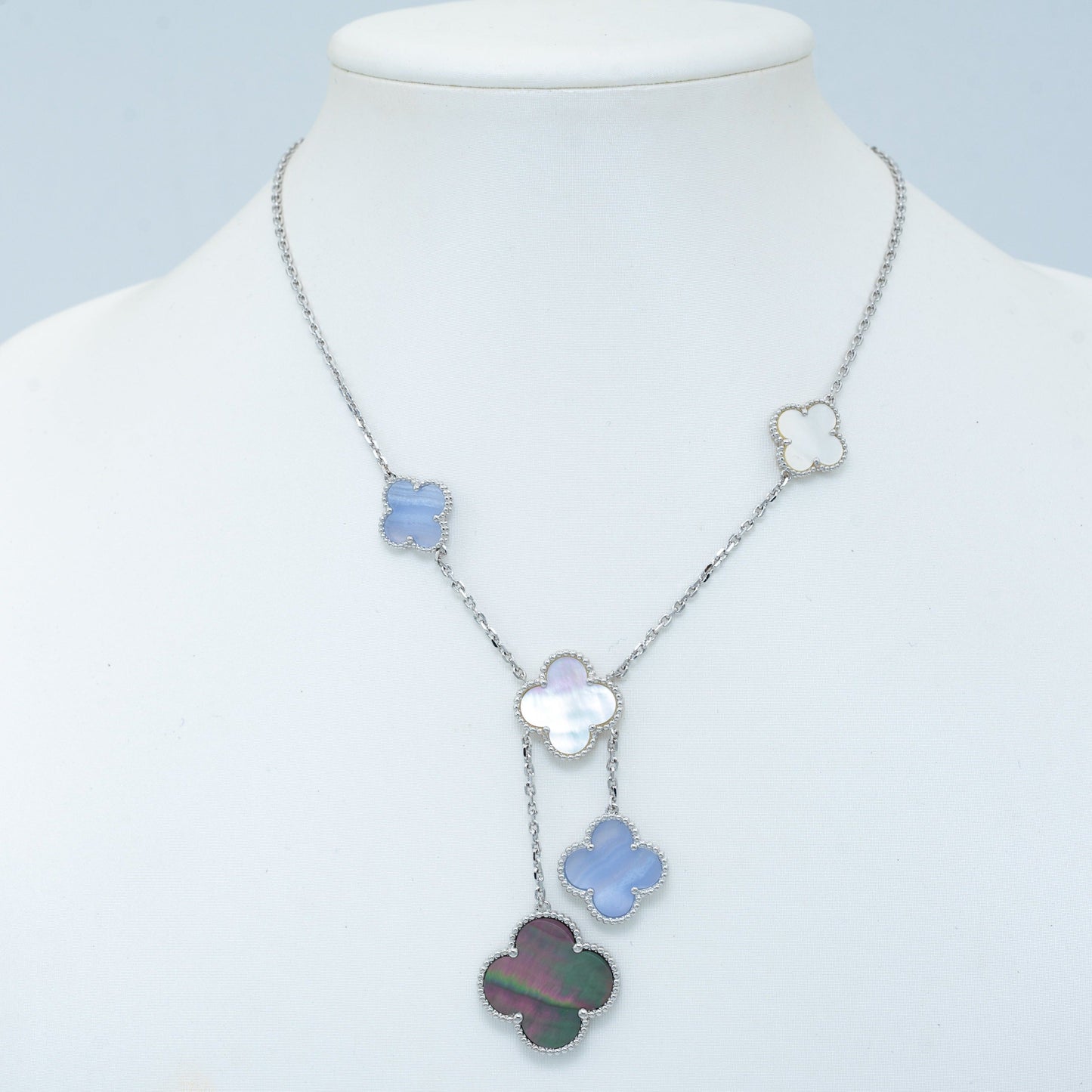 [Shinejoy]CLOVER MOP CHALCEDONY NECKLACE SILVER 6 MOTIF