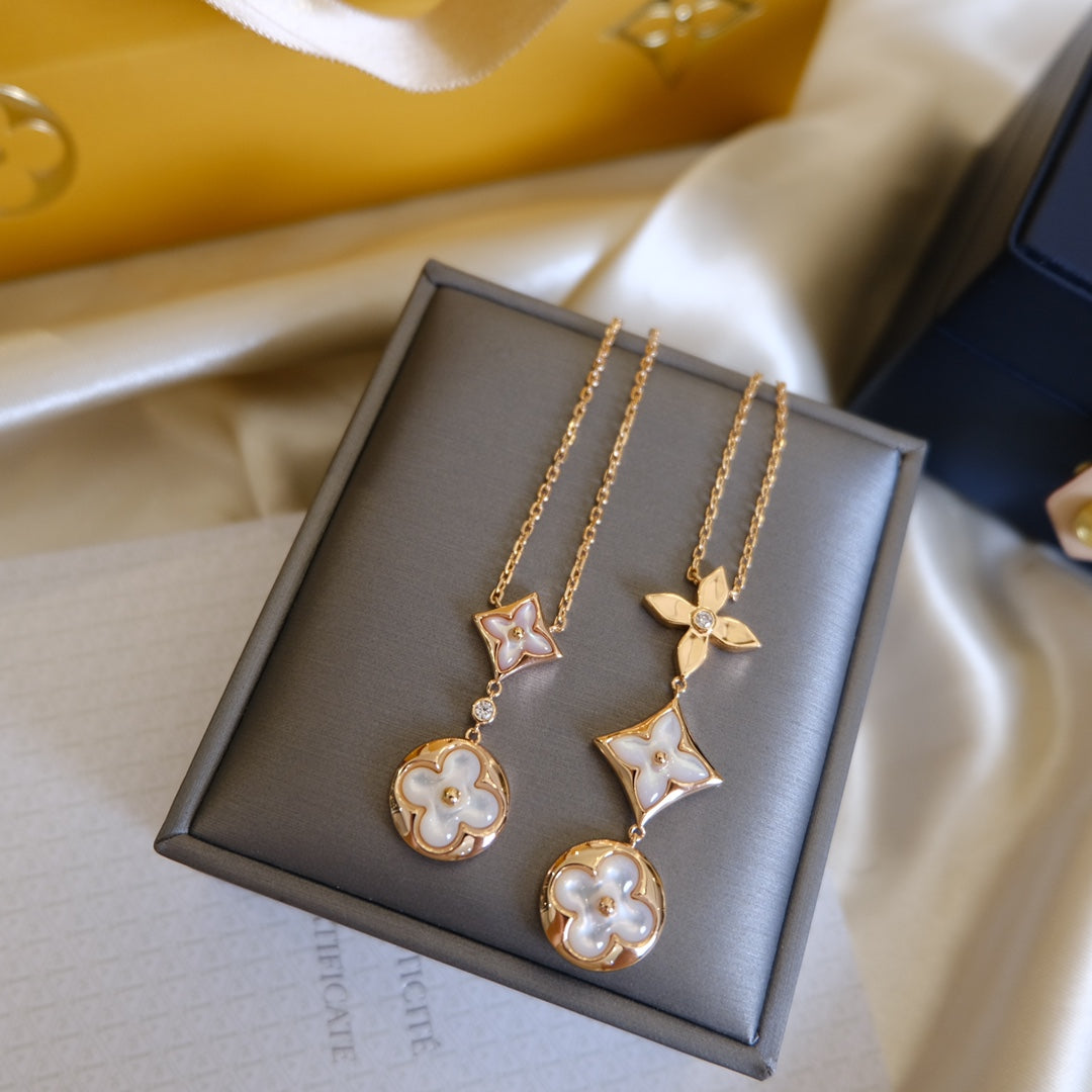 [Shinejoy]COLOR BLOSSOM LARIAT NECKLACE PINK GOLD WHITE MOTHER PEARL AND DIAMOND