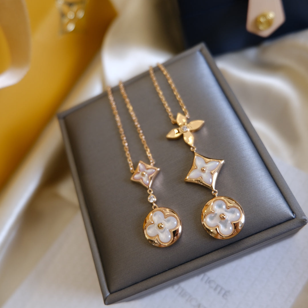 [Shinejoy]COLOR BLOSSOM LARIAT NECKLACE PINK GOLD WHITE MOTHER PEARL AND DIAMOND