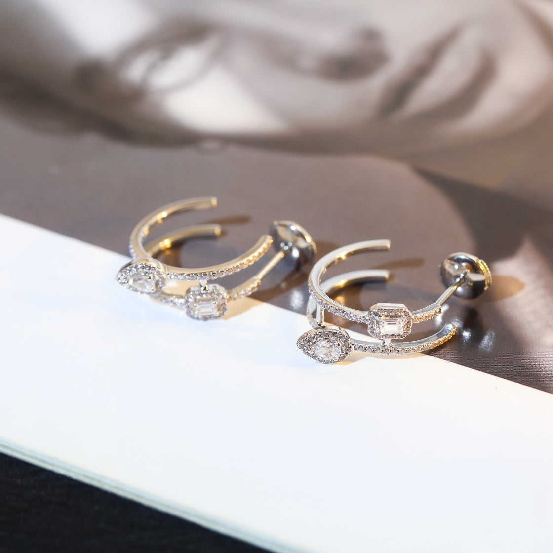 [Shinejoy]CREOLES MY TWIN 2 RANGS SILVER DIAMOND EARRINGS