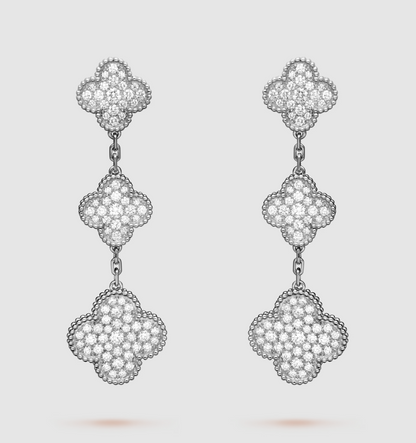 [Shinejoy]CLOVER 3 MOTIF DIAMOND SILVER DROP EARRINGS