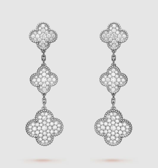 [Shinejoy]CLOVER 3 MOTIF DIAMOND SILVER DROP EARRINGS