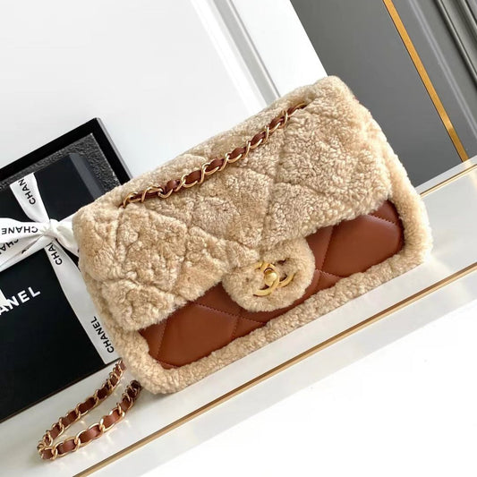 SAC À RABAT MOYEN 23 EN LAINE BEIGE ET CUIR DE VEAU ORANGE GINGEMBRE MÉTAL DORÉ