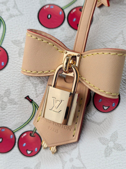 LV 25S SPEEDY SOFT 30 IN WHITE CANVAS MONOGRAM CHERRY PRINT GOLD HARDWARE