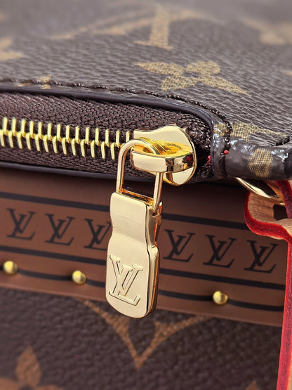 LV 25S NEVERFULL 31 IN DARK BROWN MONOGRAM CHERRY LEATHER TRIM GOLD HARDWARE