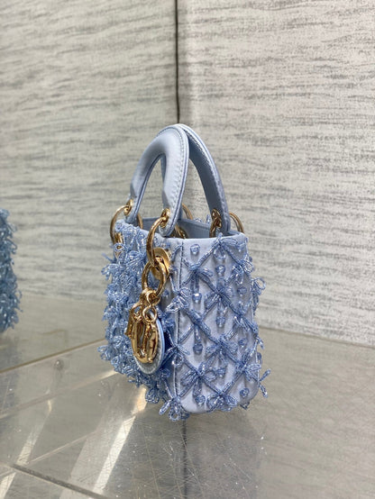 MICRO 12 LADY BAG IN CERULEAN BLUE SATIN WITH BEADING