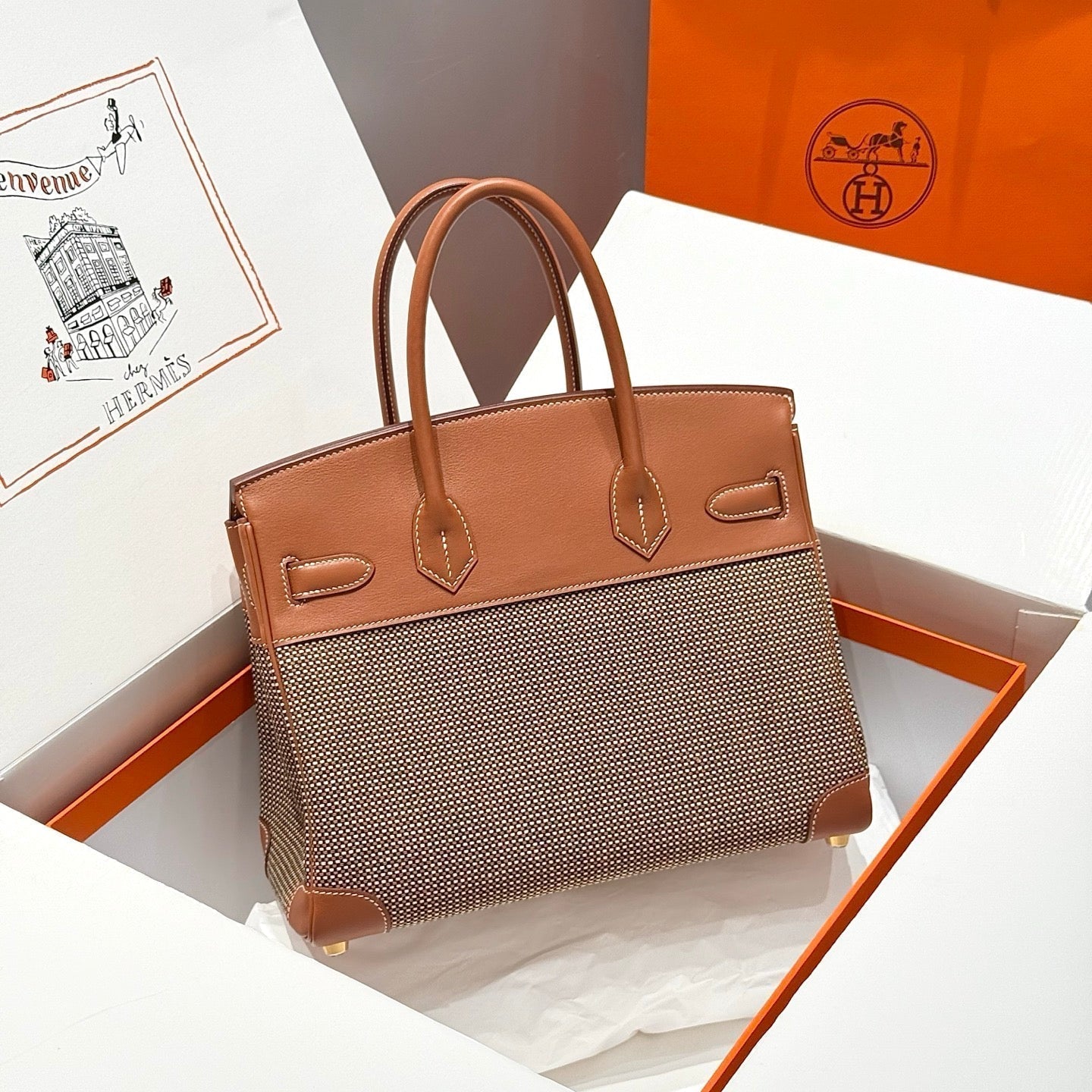 QUADRILLE BIRKIN 30CM IN GOLD SWIFT CALFSKIN AND BLACK/WHITE/BROWN TOILE CANVAS
