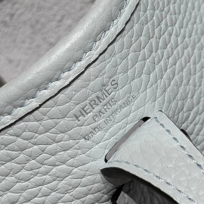 HERMES 25S MINI EVELYNE 18 IN MIST BLUE PATTERNED STRAP CALFSKIN SILVER HARDWARE