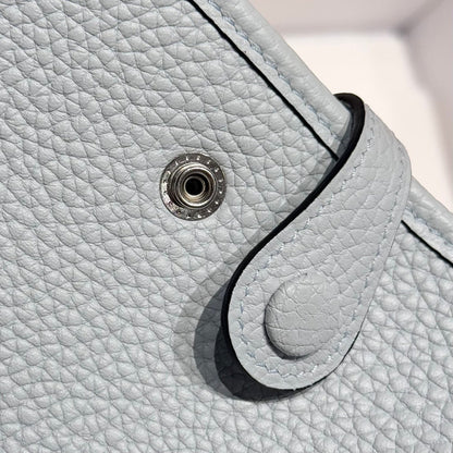 HERMES 25S MINI EVELYNE 18 IN MIST BLUE PATTERNED STRAP CALFSKIN SILVER HARDWARE
