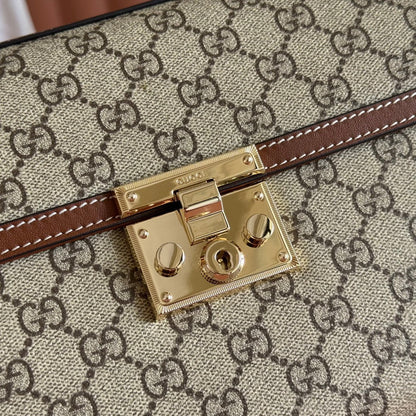 GUCCI 25S PADLOCK BAG 26 IN BEIGE CANVAS AND BROWN CALFSKIN