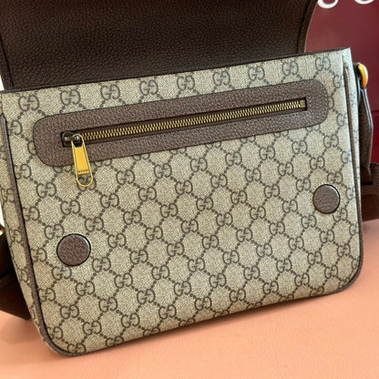 GUCCI 25S OPHIDIA MEDIUM CROSSBODY BAG 28 IN BEIGE CANVAS AND BROWN CALFSKIN