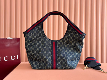 GUCCI 25S GIGLIO LARGE TOTE BAG 50 IN BLUE AND WHITE DENIM