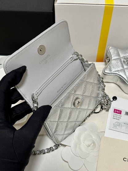 CC MINI 13 FLAP BAG IN SILVER METALLIC LAMBSKIN