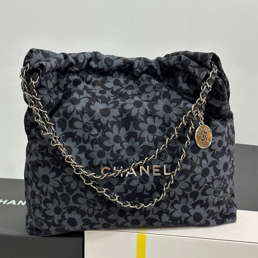 GRAND SAC DE CORDAGE À IMPRIMÉ FLEURI 39 EN JEAN GRIS MÉTALLISÉ NOIR