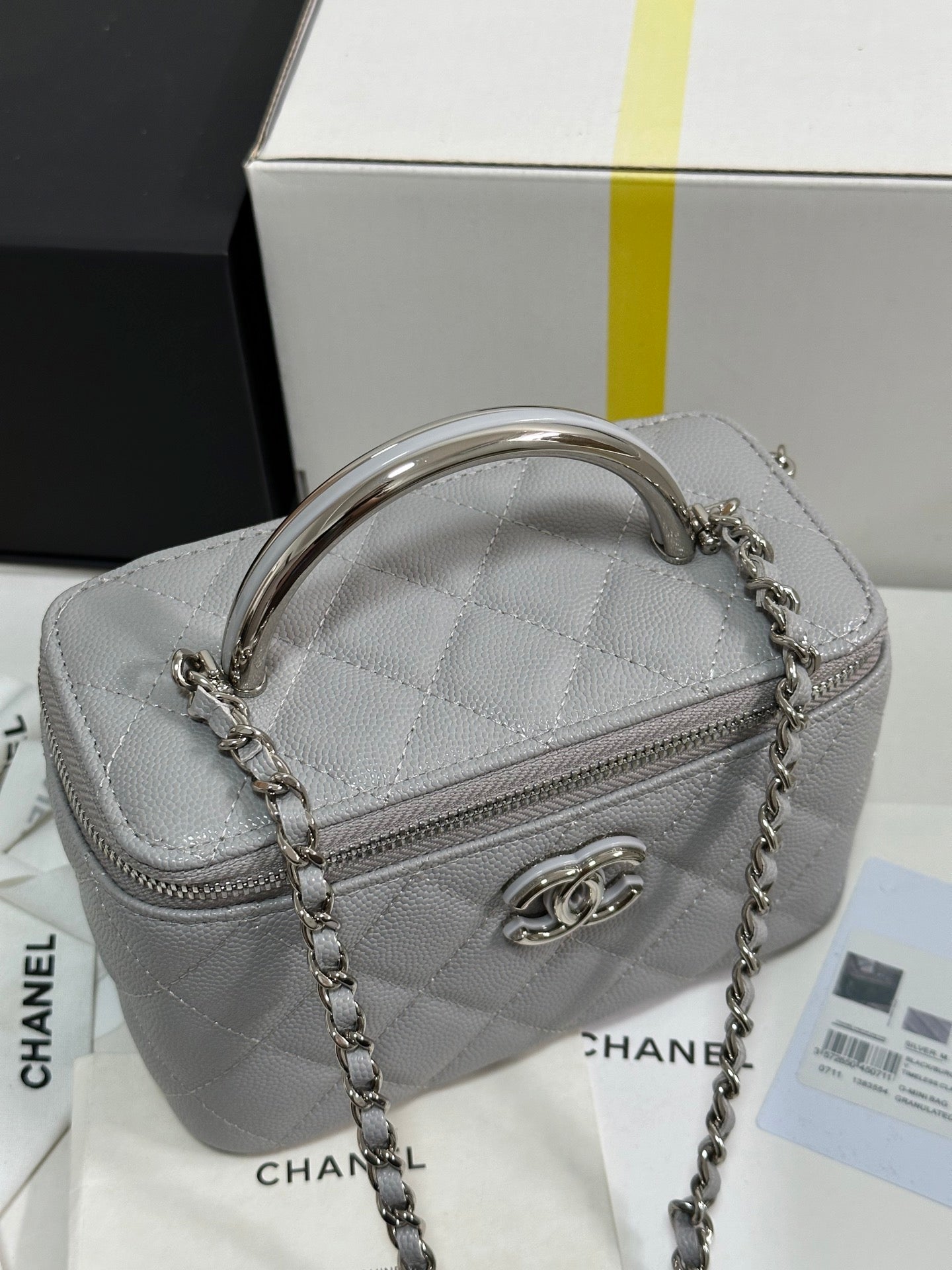 MINI VANITY TOP HANDLE CASE 17 IN GREY CAVIAR SKIN SILVER-TONE PLATED METAL