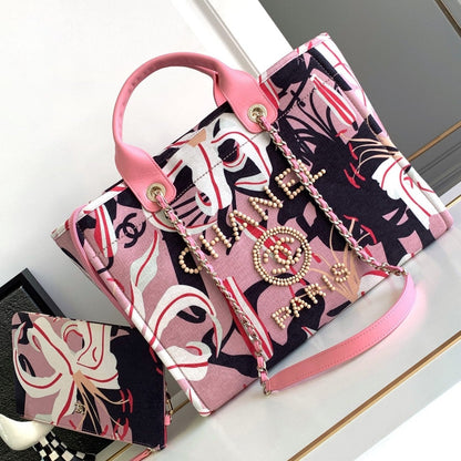 SAC CABAS CLASSIQUE CC GRAND MODÈLE 38 EN TOILE MULTICOLORE ROSE PÂLE