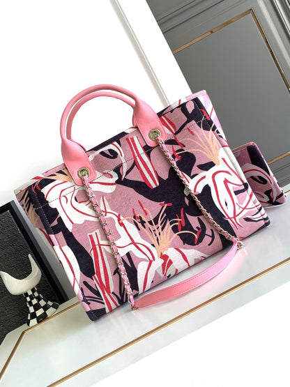 SAC CABAS CLASSIQUE CC GRAND MODÈLE 38 EN TOILE MULTICOLORE ROSE PÂLE