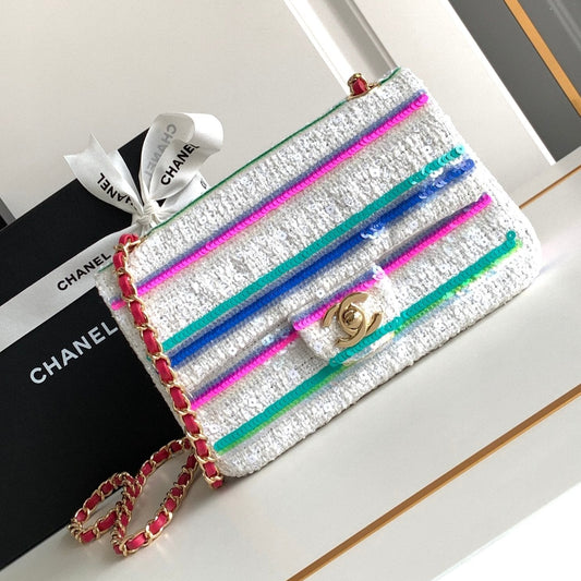 MINI SAC À MAIN CLASSIQUE 20 EN TWEED BRODÉ DE PAILLETTES BLANC