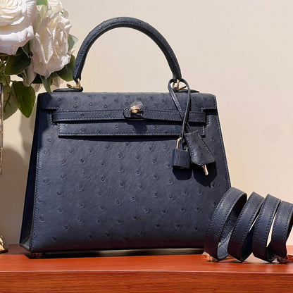 KELLY SELLIER 25 BAG IN PRUSSIAN BLUE OSTRICH LEATHER WITH GOLD HARDWARE (MADE-TO-ODER)