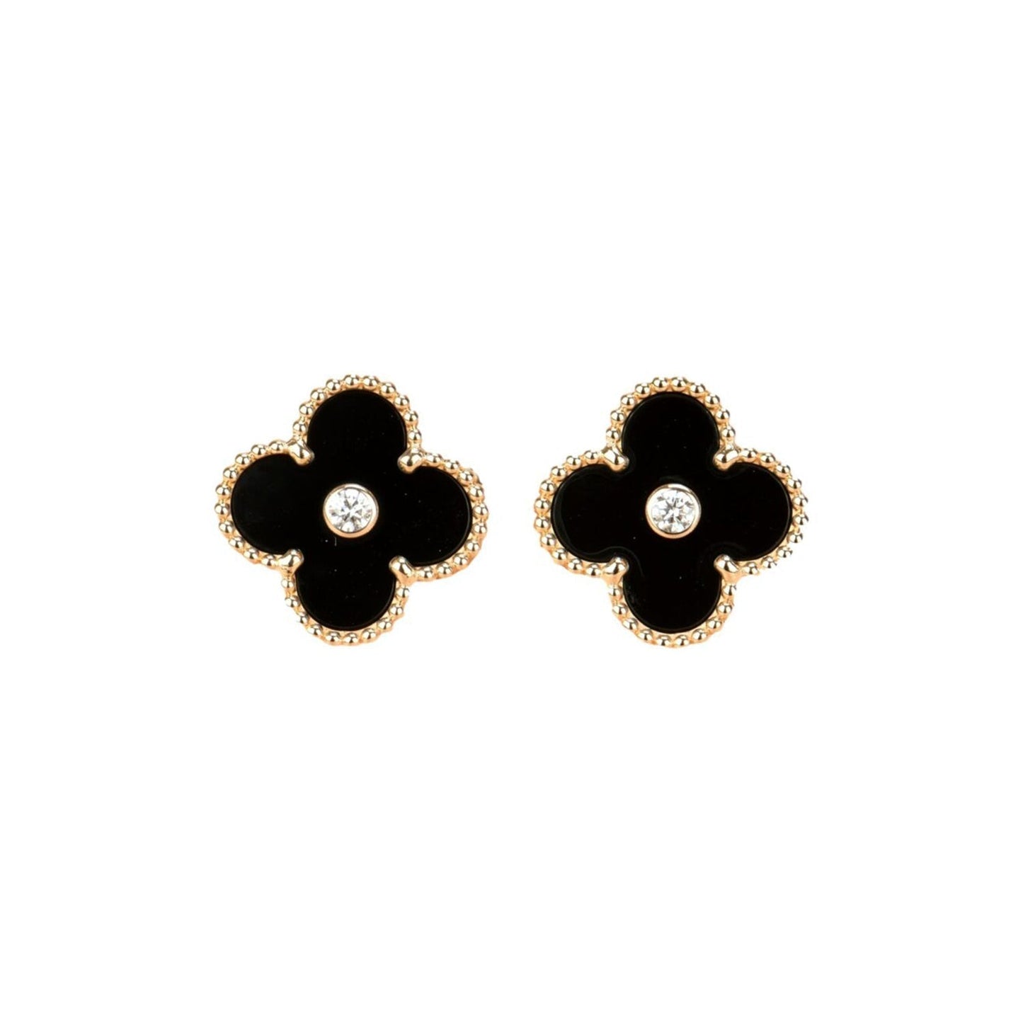 [Shinejoy]CLOVER MEDIUM 1 MOTIFS ONYX DIAMOND EARRINGS