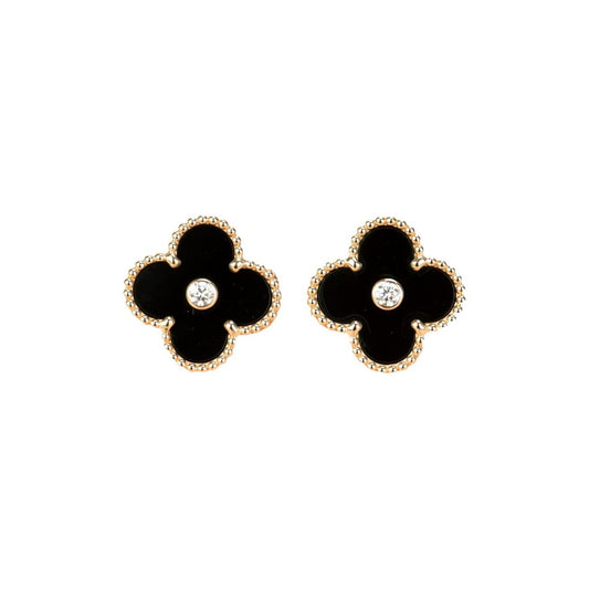 [Shinejoy]CLOVER MEDIUM 1 MOTIFS ONYX DIAMOND EARRINGS