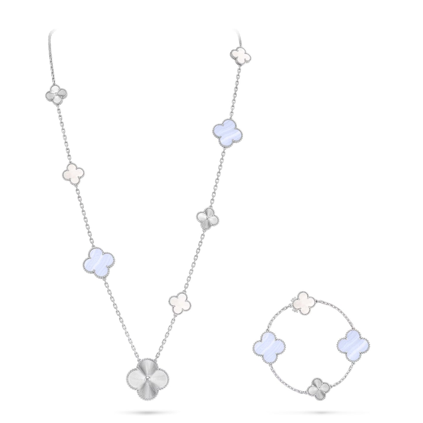 [Shinejoy]DETACHABLE CLOVER 15(11+4) FLOWER SILVER NECKLACE SET