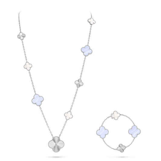 [Shinejoy]DETACHABLE CLOVER 15(11+4) FLOWER SILVER NECKLACE SET