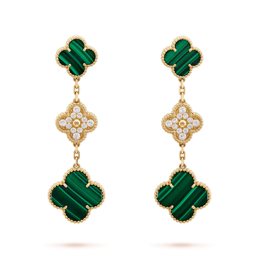 [Shinejoy]CLOVER EARRINGS GOLD MALACHITE DIAMOND 3 MOTIF
