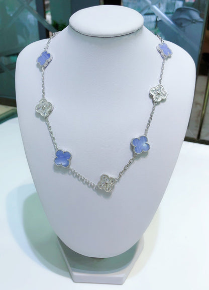 [Shinejoy]CLOVER 10 MOTIFS CHALCEDONY DIAMONDS SILVER NECKLACE
