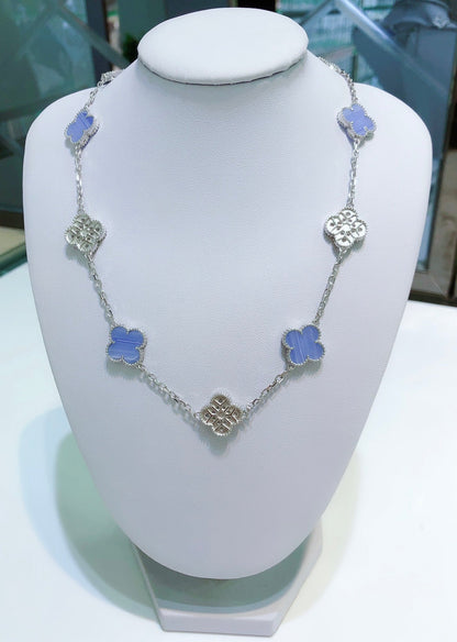 [Shinejoy]CLOVER 10 MOTIFS CHALCEDONY DIAMONDS SILVER NECKLACE