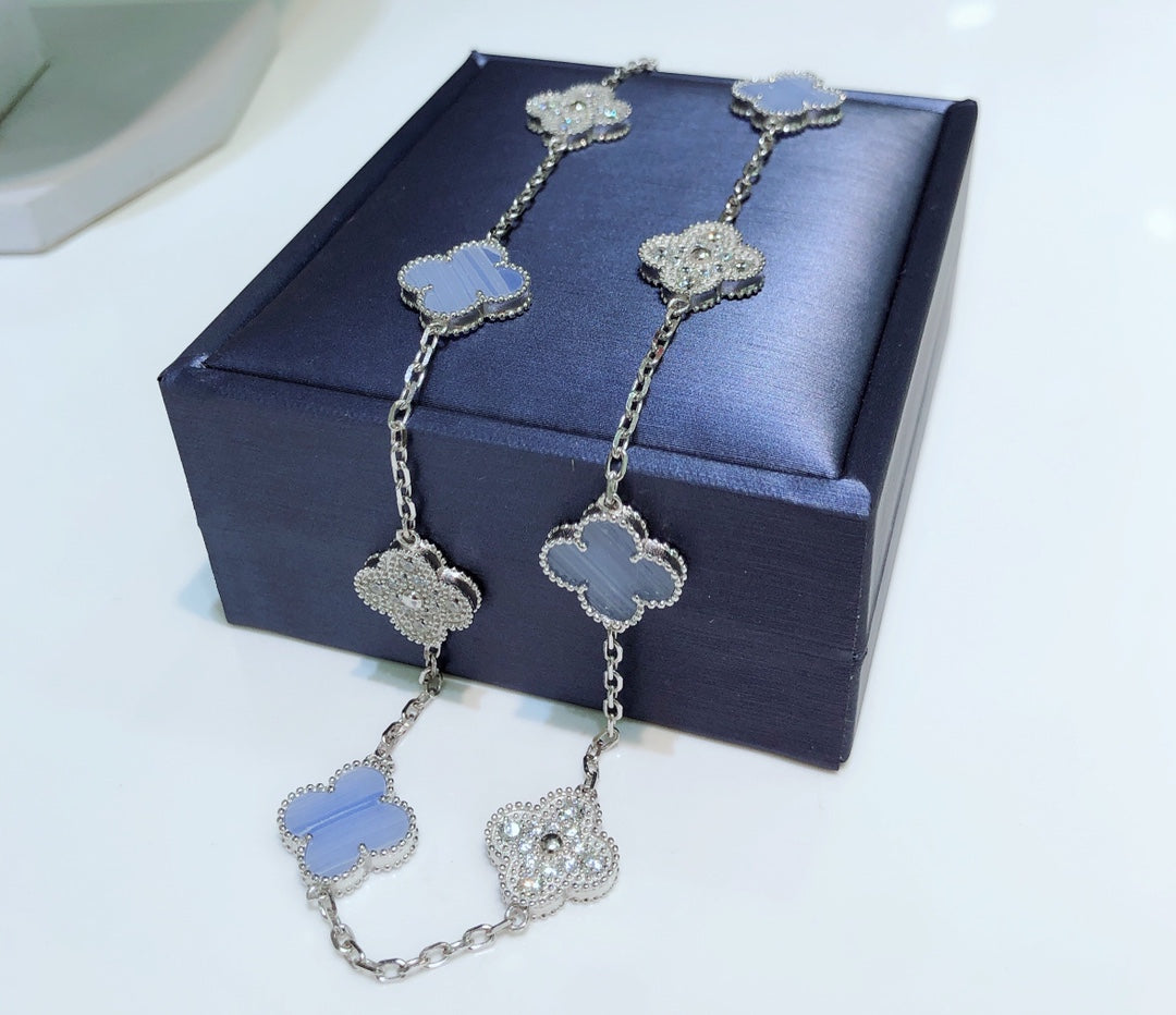 [Shinejoy]CLOVER 10 MOTIFS CHALCEDONY DIAMONDS SILVER NECKLACE