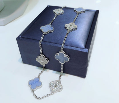 [Shinejoy]CLOVER 10 MOTIFS CHALCEDONY DIAMONDS SILVER NECKLACE