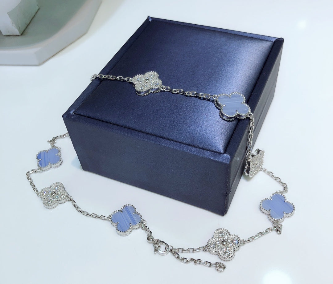 [Shinejoy]CLOVER 10 MOTIFS CHALCEDONY DIAMONDS SILVER NECKLACE
