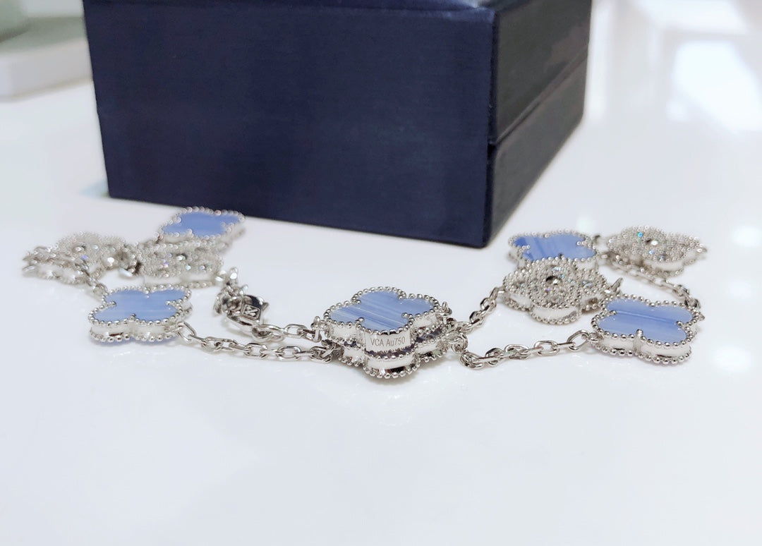 [Shinejoy]CLOVER 10 MOTIFS CHALCEDONY DIAMONDS SILVER NECKLACE