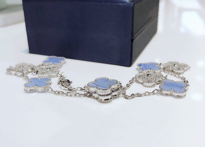 [Shinejoy]CLOVER 10 MOTIFS CHALCEDONY DIAMONDS SILVER NECKLACE