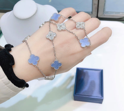 [Shinejoy]CLOVER 10 MOTIFS CHALCEDONY DIAMONDS SILVER NECKLACE