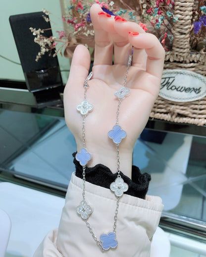 [Shinejoy]CLOVER 10 MOTIFS CHALCEDONY DIAMONDS SILVER NECKLACE